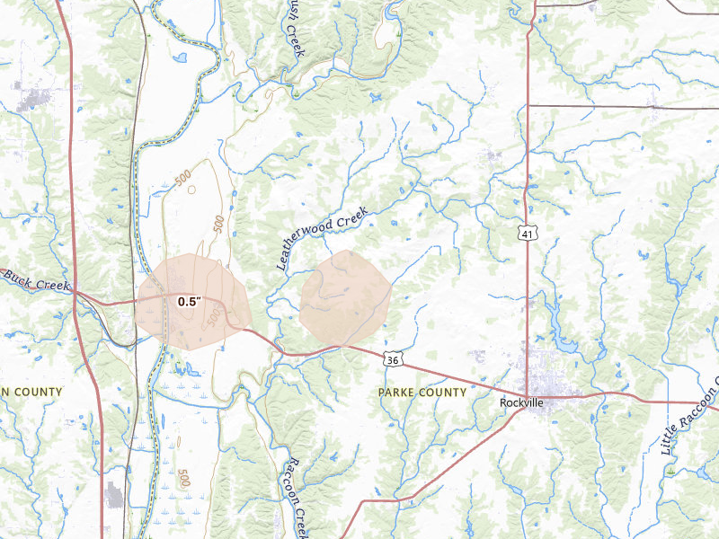 Radar-estimated hail-size map of the storm over Montezuma, IN on Aug 16, 2026