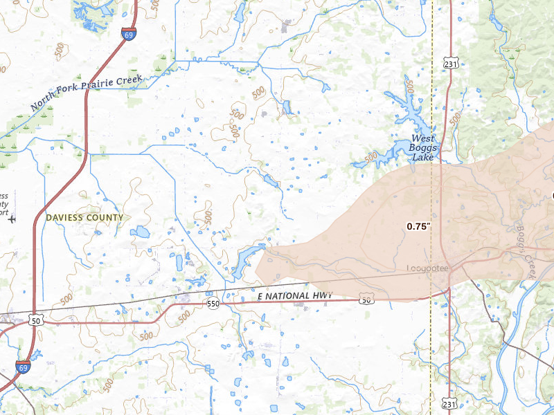 Radar-estimated hail-size map of the storm over Montgomery, IN on May 15, 2026