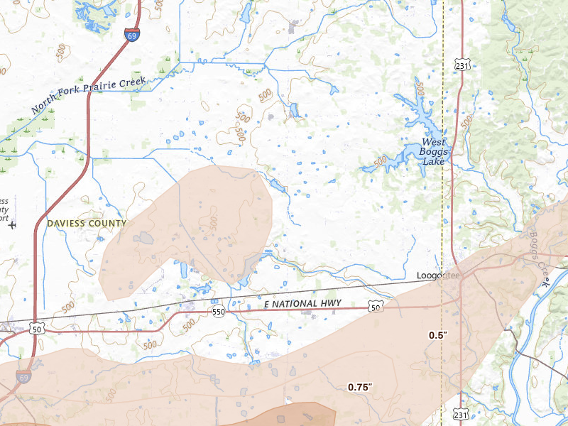 Radar-estimated hail-size map of the storm over Montgomery, IN on May 16, 2026