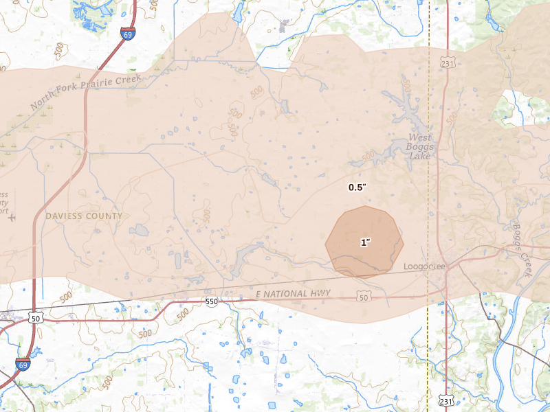 Radar-estimated hail-size map of the storm over Montgomery, IN on Jun 17, 2026