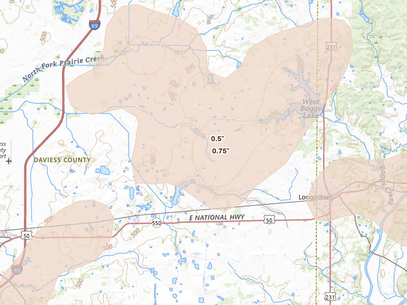 Radar-estimated hail-size map of the storm over Montgomery, IN on Jul 3, 2026