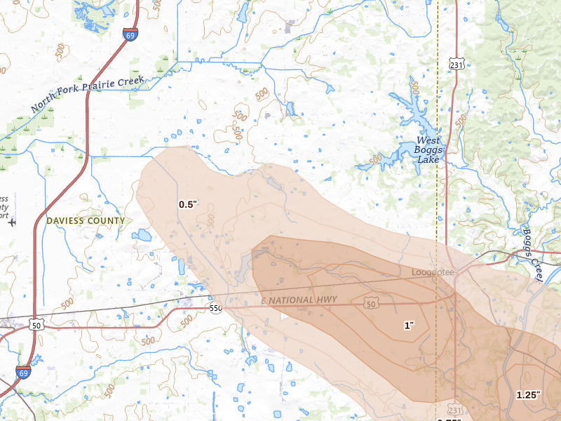 Radar-estimated hail-size map of the storm over Montgomery, IN on Jul 21, 2026
