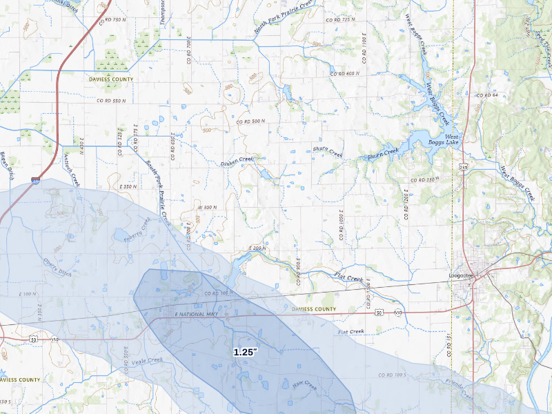 NEXRAD radar-signature map of the hail storm over Montgomery, IN on Sep 5, 2026