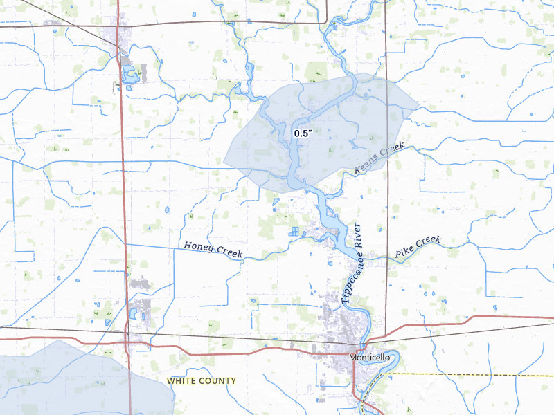 NEXRAD radar-signature map of the hail storm over Monticello, IN on Jun 5, 2026