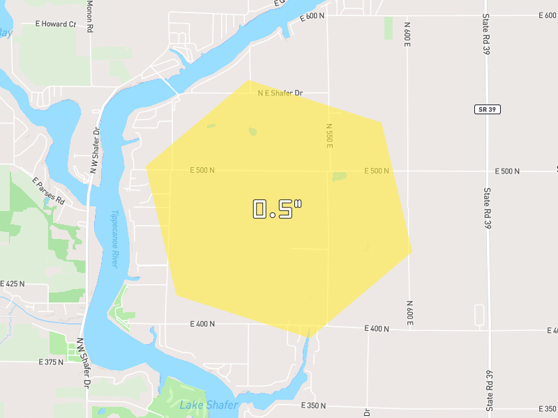 Hail map of Monticello, IN on Jun 6, 2026, hail up to 0.5"