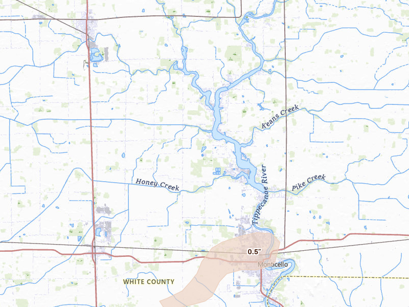 Radar-estimated hail-size map of the storm over Monticello, IN on Jun 16, 2026