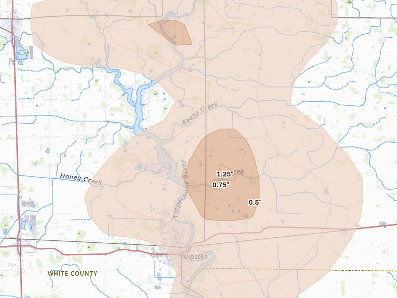 Radar-estimated hail-size map of the storm over Monticello, IN on Aug 11, 2026