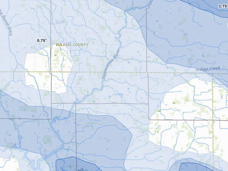 NEXRAD radar-signature map of the hail storm over Monticello, IN on Aug 11, 2026
