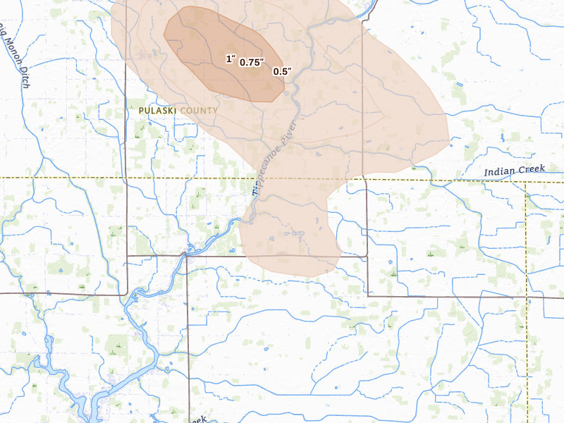 Radar-estimated hail-size map of the storm over Monticello, IN on Sep 4, 2026