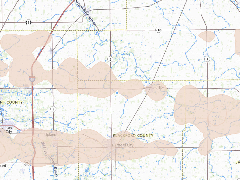 Radar-estimated hail-size map of the storm over Montpelier, IN on Mar 22, 2026