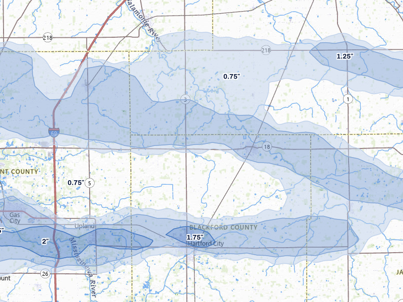 NEXRAD radar-signature map of the hail storm over Montpelier, IN on Mar 22, 2026