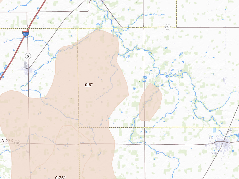 Radar-estimated hail-size map of the storm over Montpelier, IN on Aug 10, 2026