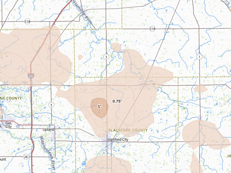 Radar-estimated hail-size map of the storm over Montpelier, IN on Aug 11, 2026