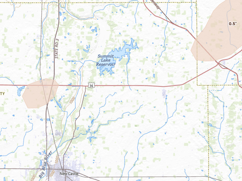 Radar-estimated hail-size map of the storm over Mooreland, IN on Jul 3, 2026