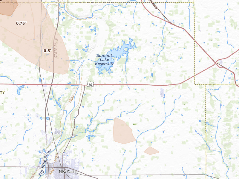 Radar-estimated hail-size map of the storm over Mooreland, IN on Aug 13, 2026