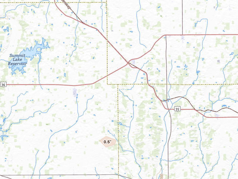 Radar-estimated hail-size map of the storm over Mooreland, IN on Aug 15, 2026