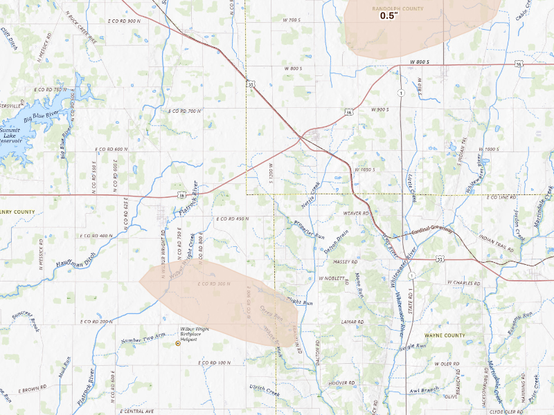 Radar-estimated hail-size map of the storm over Mooreland, IN