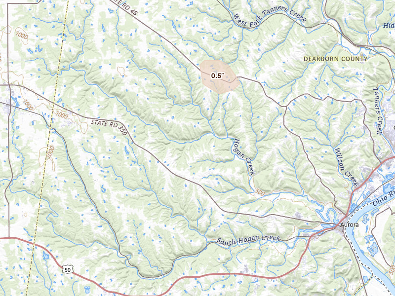 Radar-estimated hail-size map of the storm over Moores Hill, IN on Jul 18, 2026