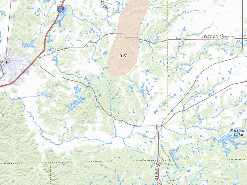 Radar-estimated hail-size map of the storm over Morgantown, IN on Jul 3, 2026