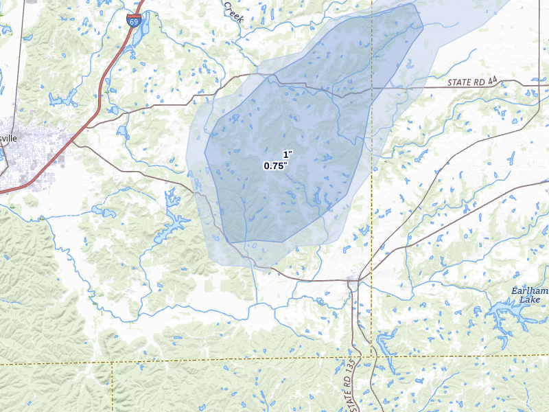 NEXRAD radar-signature map of the hail storm over Morgantown, IN on Jul 3, 2026