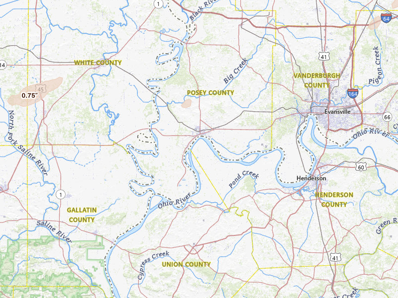 Radar-estimated hail-size map of the storm over Mount Vernon, IN on Apr 1, 2026