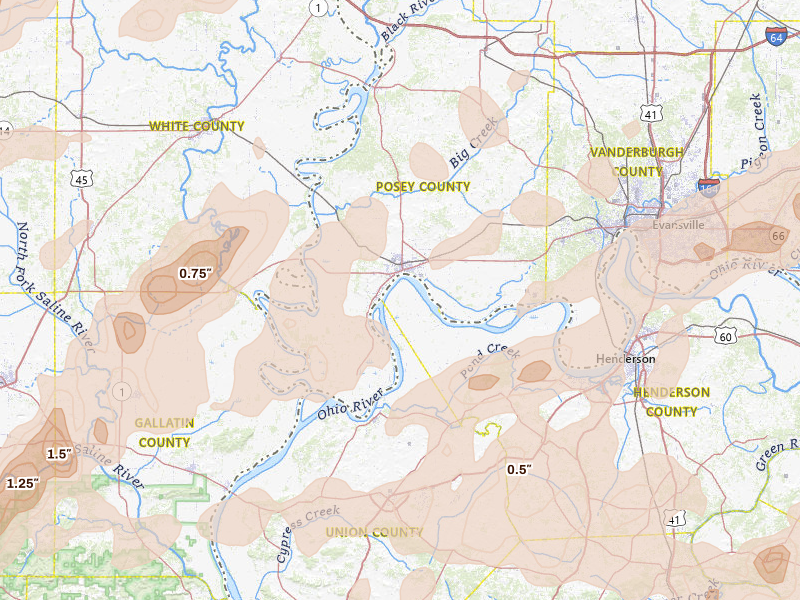 Radar-estimated hail-size map of the storm over Mount Vernon, IN on Apr 27, 2026