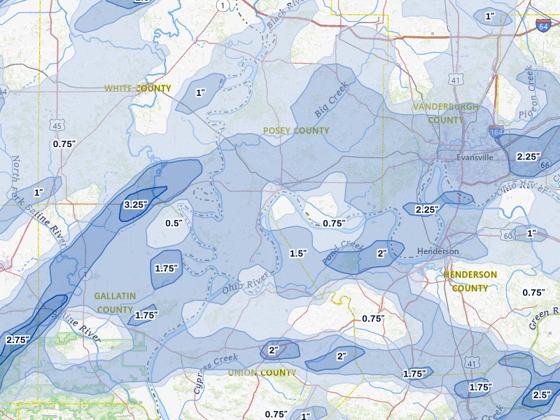 NEXRAD radar-signature map of the hail over Mount Vernon, IN