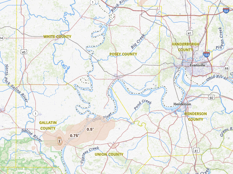 Radar-estimated hail-size map of the storm over Mount Vernon, IN on May 18, 2026
