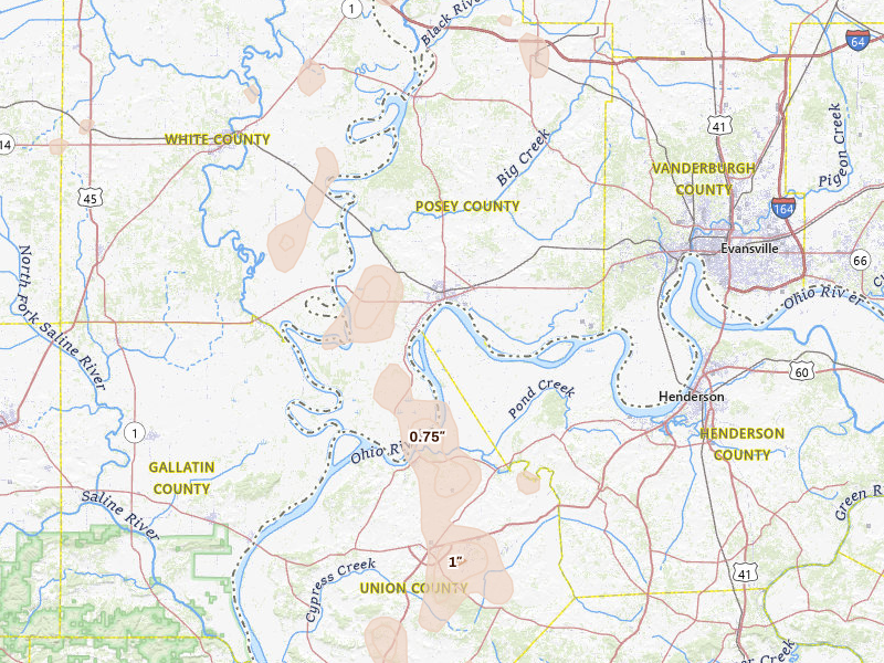 Radar-estimated hail-size map of the storm over Mount Vernon, IN on Jul 4, 2026