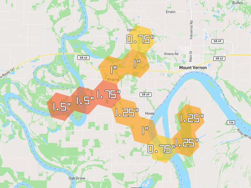 Hail map of Mount Vernon, IN on Jul 4, 2026, hail up to 1.75"
