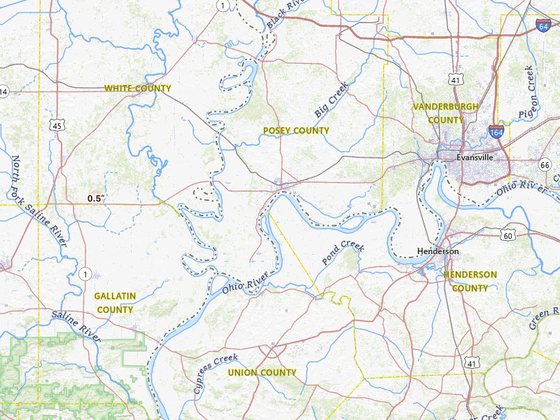 Radar-estimated hail-size map of the storm over Mount Vernon, IN on Jul 7, 2026