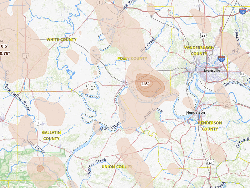 Radar-estimated hail-size map of the storm over Mount Vernon, IN on Jul 26, 2026