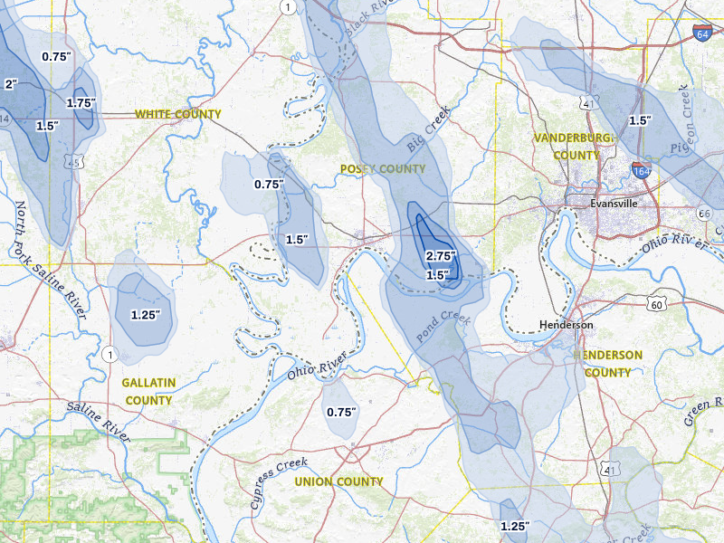 NEXRAD radar-signature map of the hail storm over Mount Vernon, IN on Jul 26, 2026