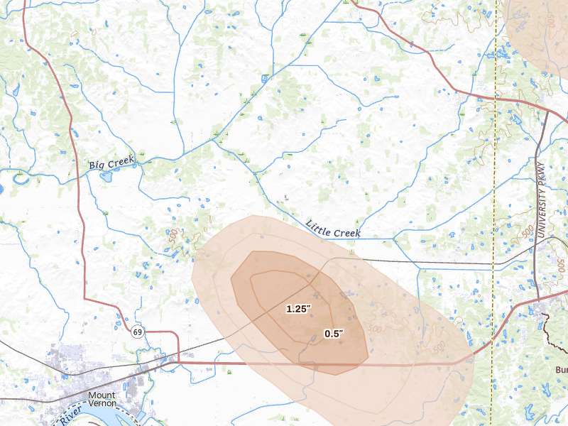 Radar-estimated hail-size map of the storm over Mount Vernon, IN on Aug 12, 2026