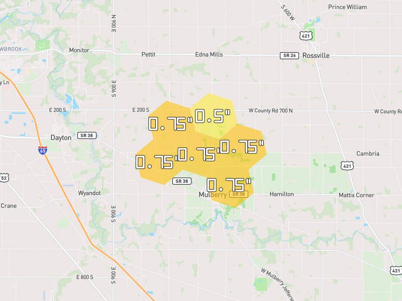 Hail map of Mulberry, IN on Jun 6, 2026, hail up to 0.75"