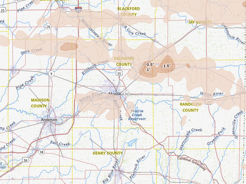 Radar-estimated hail-size map of the storm over Muncie, IN on Mar 22, 2026