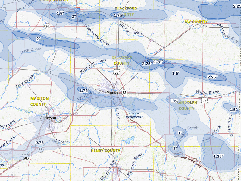 NEXRAD radar-signature map of the hail storm over Muncie, IN on Mar 22, 2026