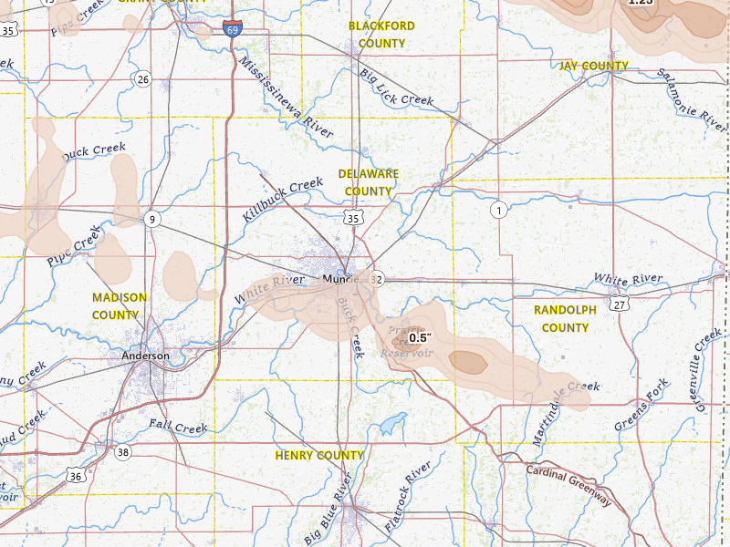 Radar-estimated hail-size map of the storm over Muncie, IN on Mar 26, 2026