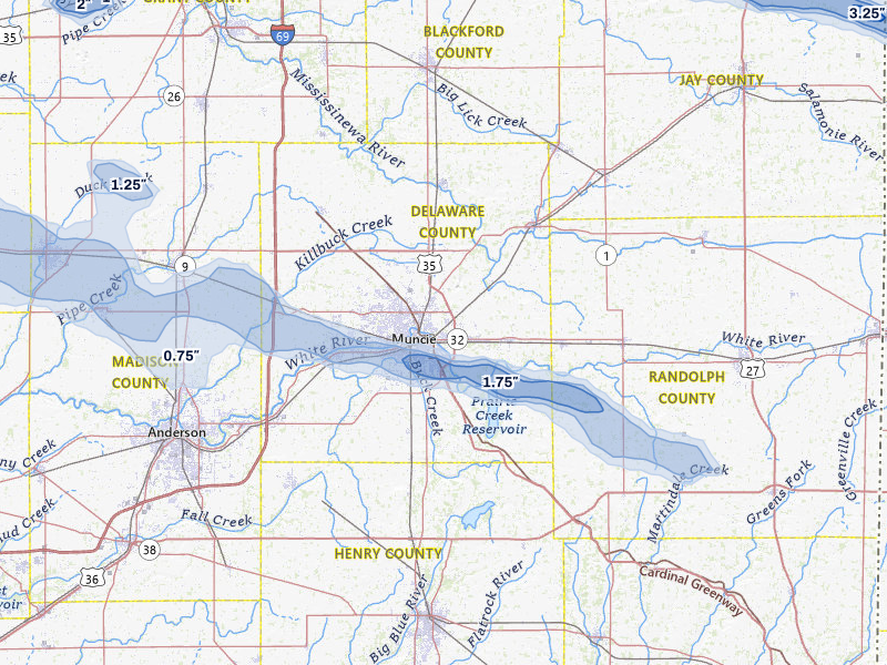 NEXRAD radar-signature map of the hail over Muncie, IN