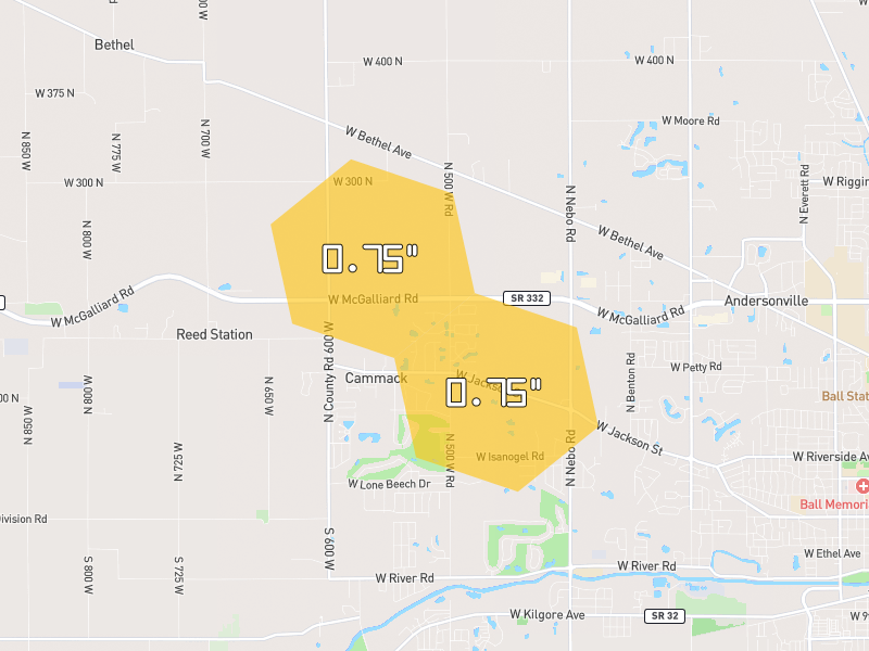 Hail map of Muncie, IN on Jun 6, 2026, hail up to 0.75"