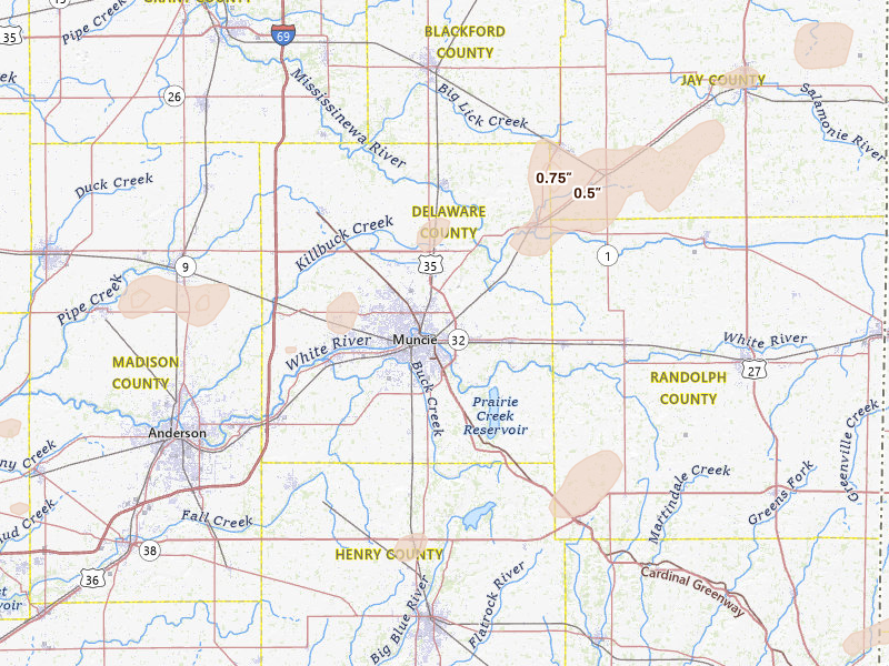 Radar-estimated hail-size map of the storm over Muncie, IN on Jul 3, 2026
