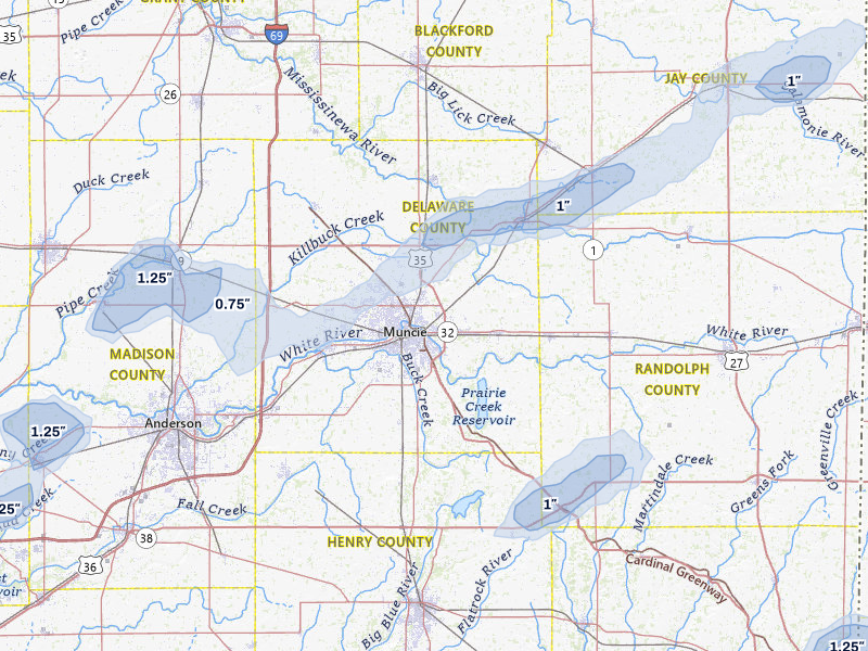 NEXRAD radar-signature map of the hail storm over Muncie, IN on Jul 3, 2026
