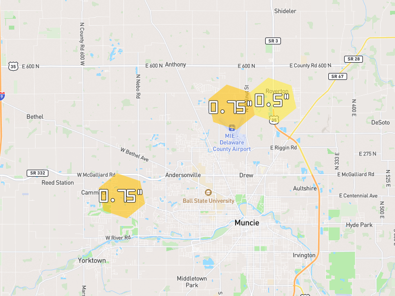 Hail map of Muncie, IN on Jul 3, 2026, hail up to 0.75"