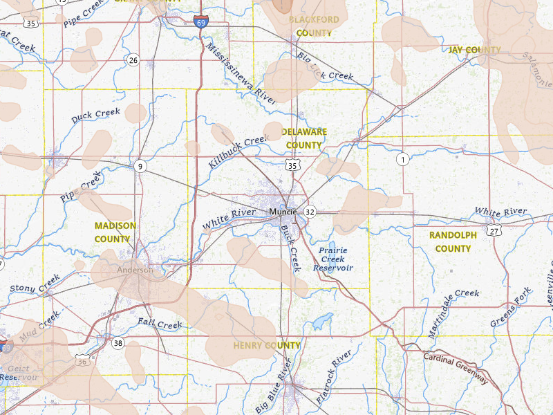 Radar-estimated hail-size map of the storm over Muncie, IN on Aug 11, 2026