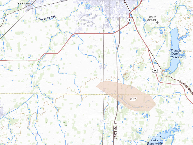Radar-estimated hail-size map of the storm over Muncie, IN on Aug 12, 2026