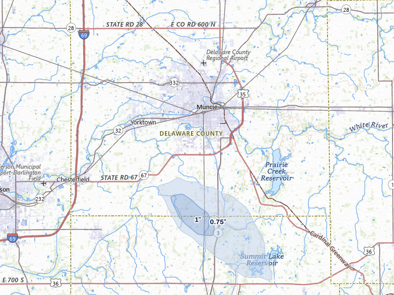 NEXRAD radar-signature map of the hail storm over Muncie, IN on Aug 12, 2026