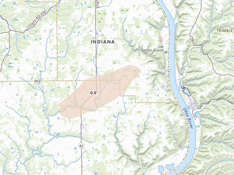 Radar-estimated hail-size map of the storm over Nabb, IN on May 16, 2026