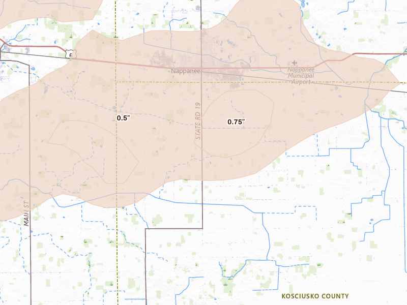 Radar-estimated hail-size map of the storm over Nappanee, IN on Mar 10, 2026
