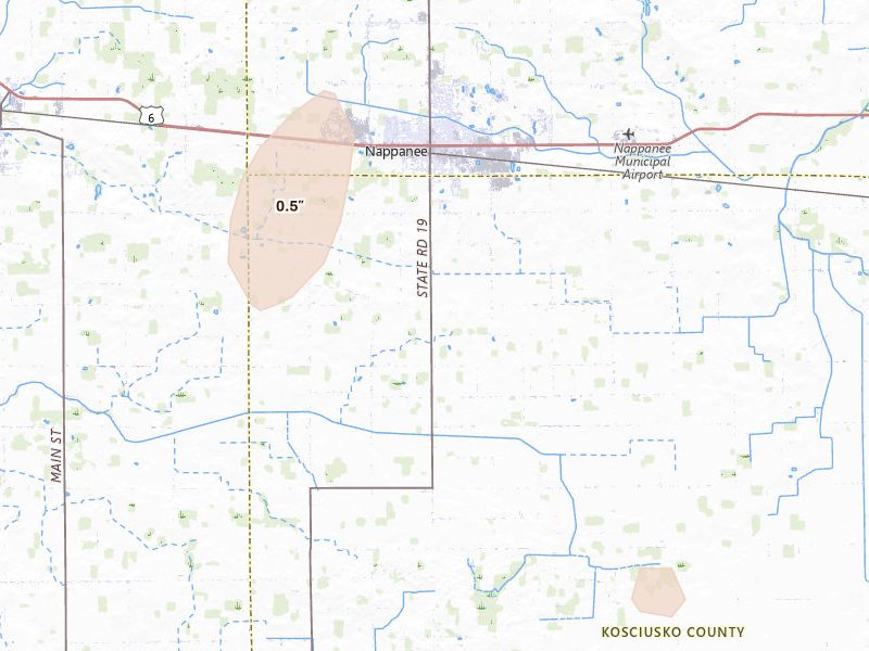 Radar-estimated hail-size map of the storm over Nappanee, IN on Jul 3, 2026