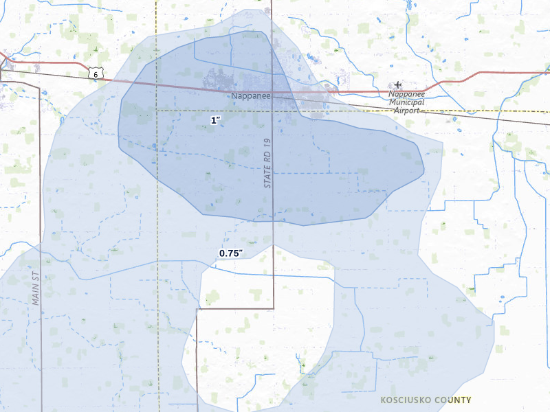 NEXRAD radar-signature map of the hail over Nappanee, IN